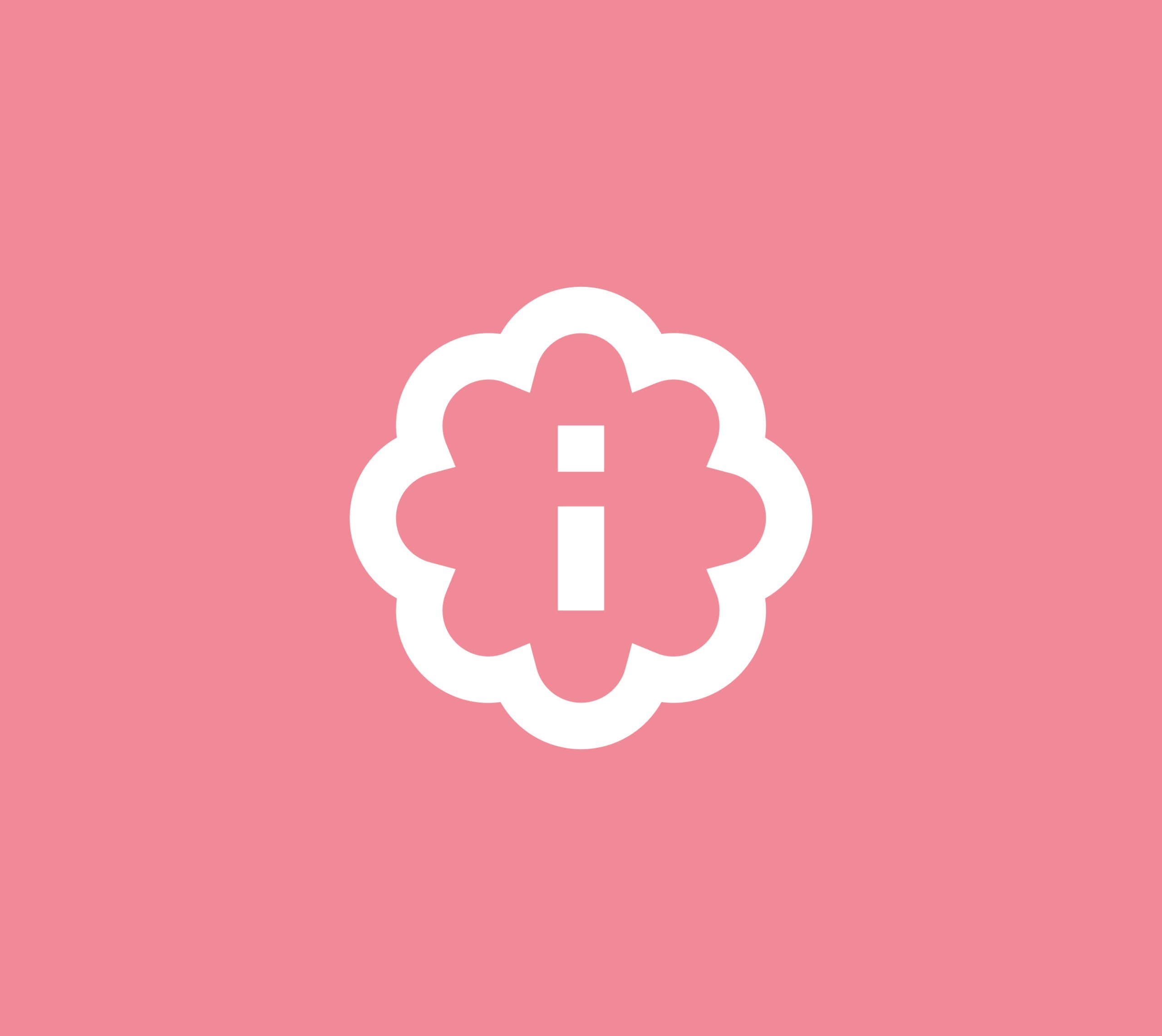 White info i surrounded by a rounded octagonal shape on a pink background.